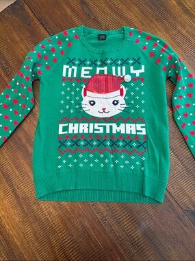 Kids Green 'Meowy Christmas' Cat Crewneck Sweater
